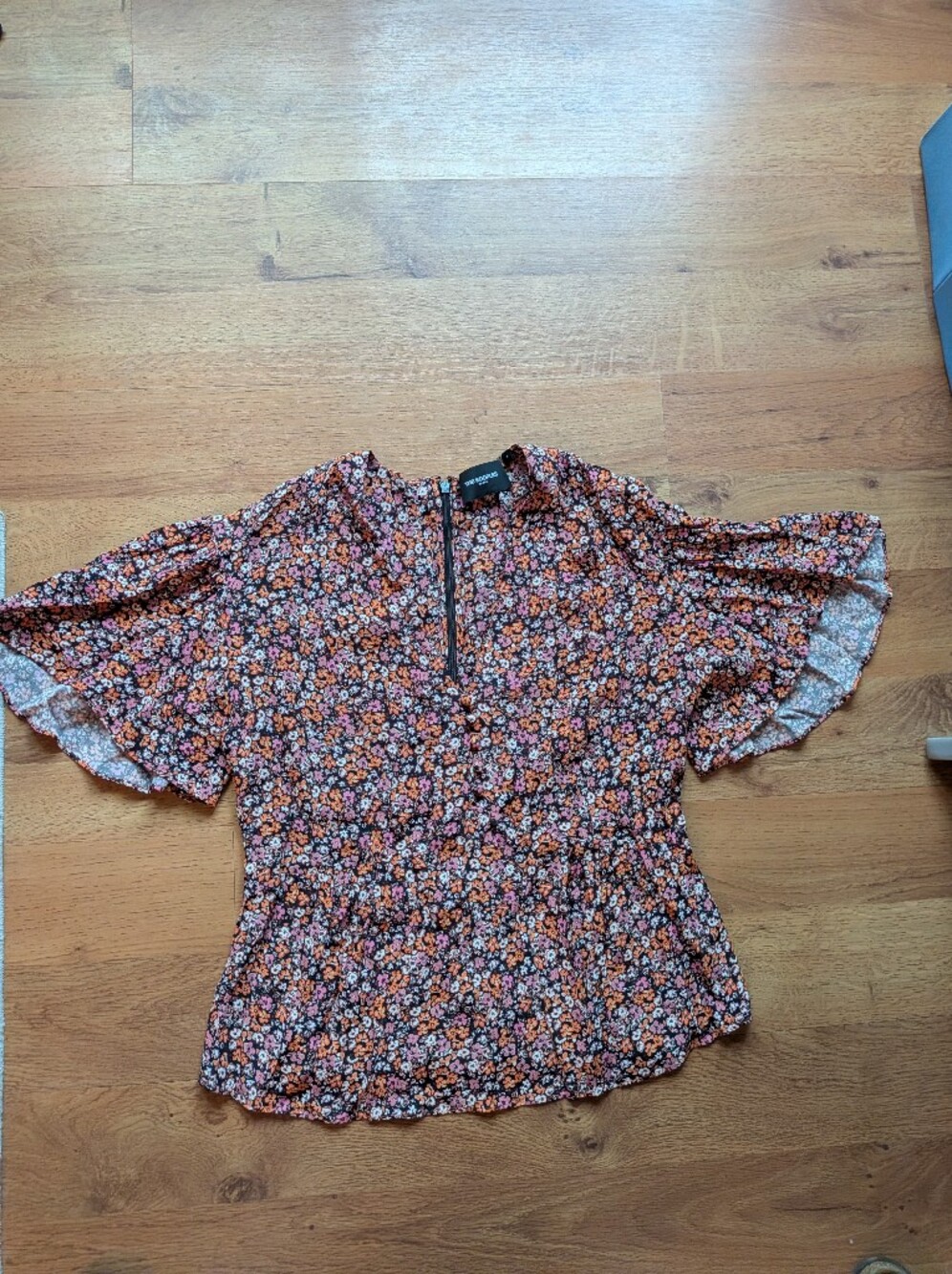 The Kooples Floral Puff Sleeve Blouse in Black and Orange - Size 1 - US Small
